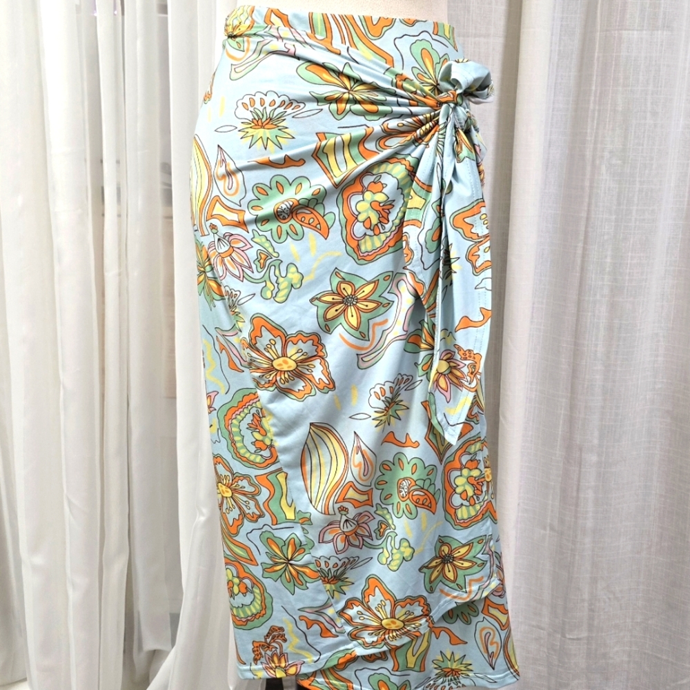 2/$30 Zaful Powder Baby Blue Floral Print Womens Wrap Midi Skirt Size 6